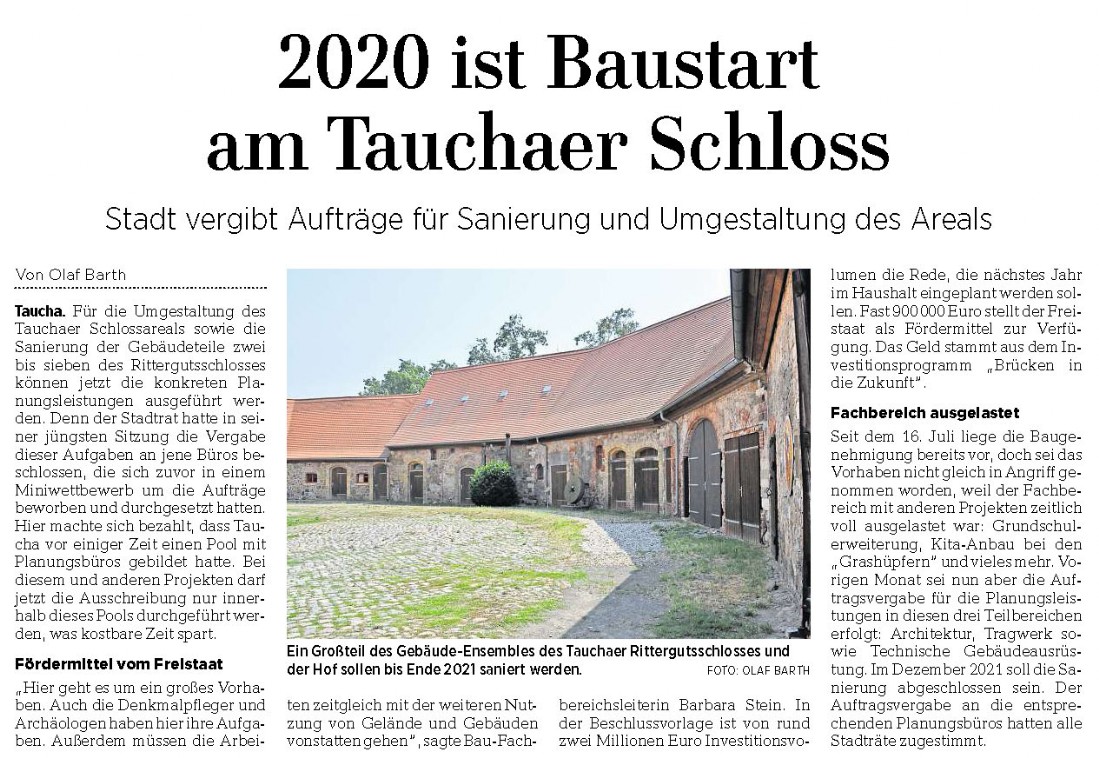 2020 ist Baustart am Tauchaer Schloss / LVZ 03.12.2019